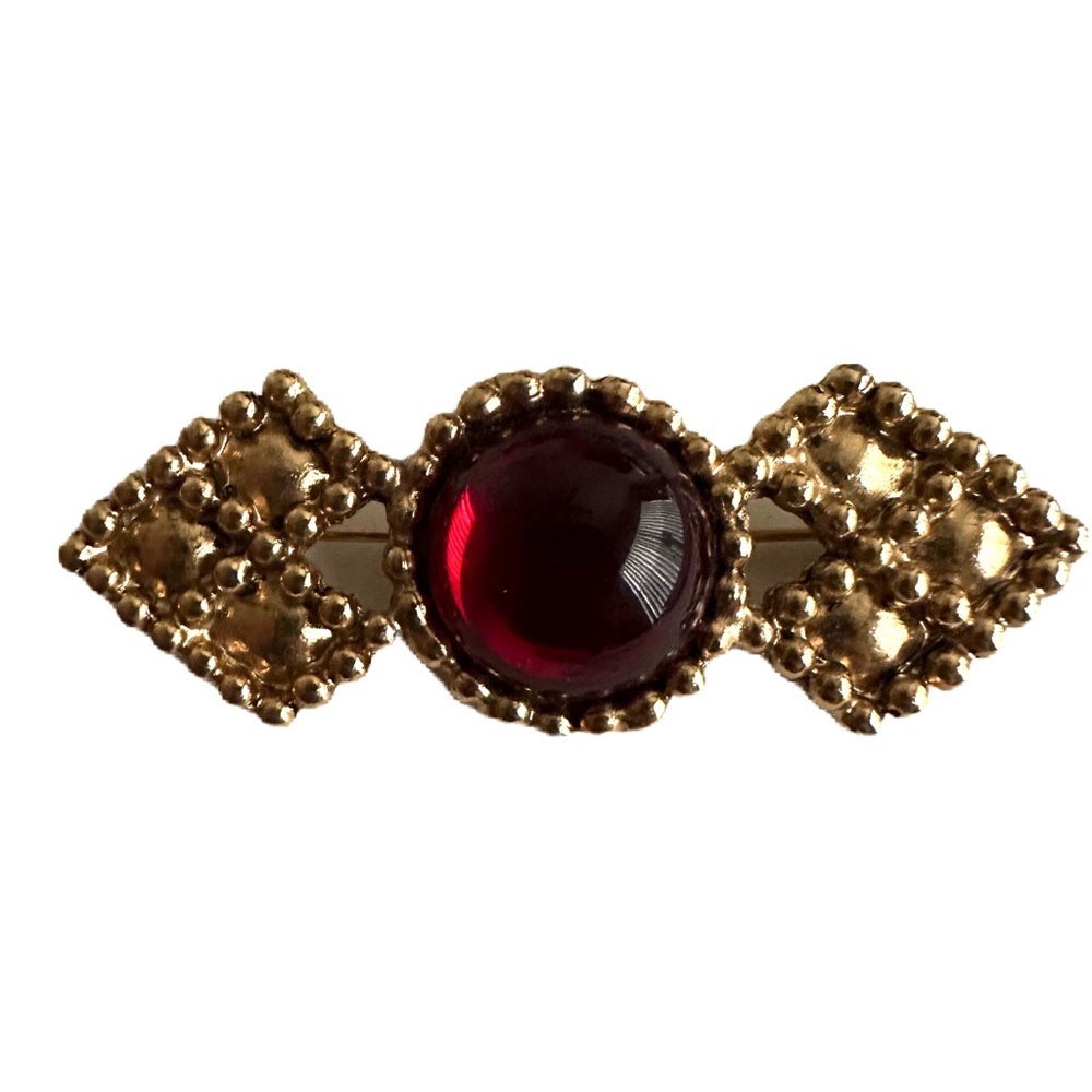VTG RARE Large Glass Ruby Red Stone Gold Tone Beaded Geometric Design Brooch Pin